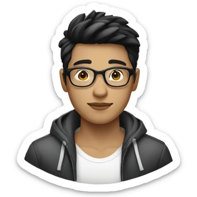 A beautiful  young man with black and short hair and white skin, wearing round glasses and jacket sticker