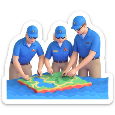 Team of marine geologists examining 3D maps of underwater terrain created from sonar data sticker