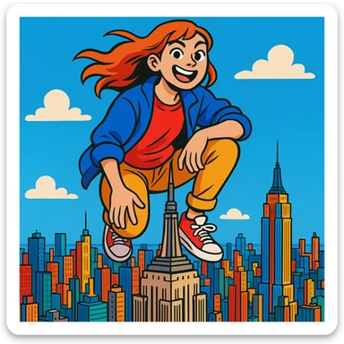 a girl squatting on top of the Empire State Building, city skyline in the background, playful and bold composition sticker
