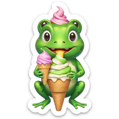cute frog eating ice cream, happy face, holding a colorful ice cream cone, 3D cartoon, mobile game icon style, bright colors, soft shadows, clean background, no text, no watermark
 sticker