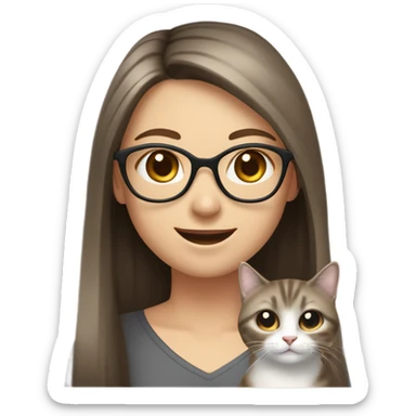 girl with pale skin black glasses grey eyes and long brown stright hair one side in front second back carring a cat in hand smiling  sticker