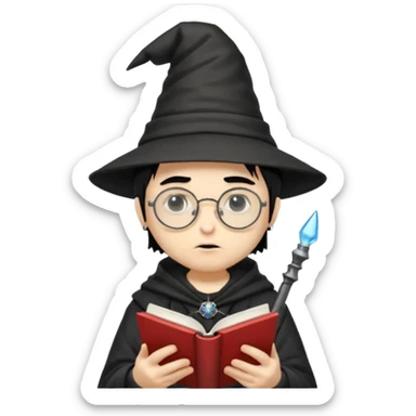 ["A sad boy with light skin, straight hair, wearing a wizard hat and round glasses, dressed in punk fashion, is reading a book while holding a phone."] sticker