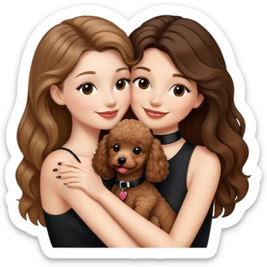 one girl with long balayage straight hair and long lashes, smiling, wearing black halterneck top, and holding and kissing a brown poodle sticker