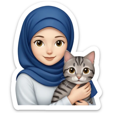 White girl wearing dark blue hijab with white shirt smiling while holding a black grey tabby cat sticker