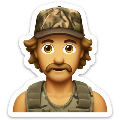 Redneck man with a brown mullet and brown mustache wearing duck camo and a trucker hat  sticker