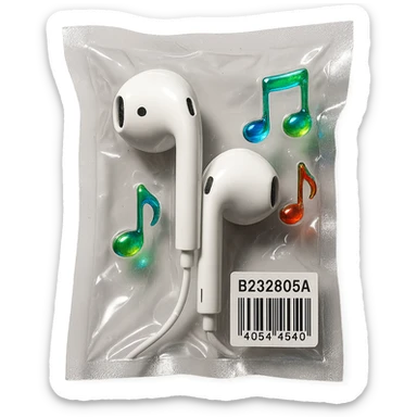 pair of white EarPods with three small rainbow glass music notes floating nearby, shiny and inflated sticker