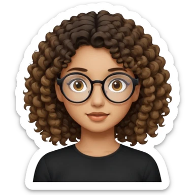 un chica con pelo rizado tiene hecha una coleta y con dos rizos sueltos en la parte de alante que le llega hasta el cuello. luego pil un poco morena ojos marrones y tiene gafas negras y son exagonales pero un poco redondeadas. sticker