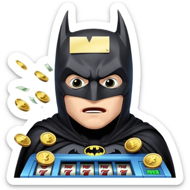 disheveled bat man losing money at a slot machine, panicked face, coins flying sticker