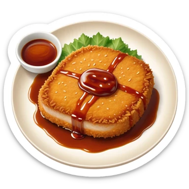 Tonkatsu Cinematic Realistic Tonkatsu Dish Emoji, depicted as a golden, crispy pork cutlet drizzled with tangy BBQ sauce, rendered with detailed textures and dynamic, appetizing lighting. sticker