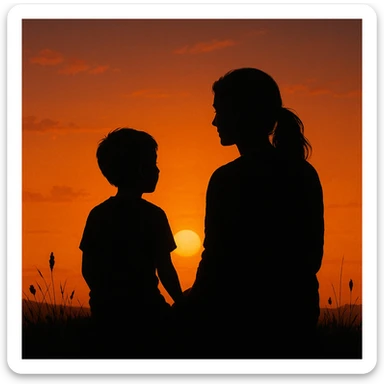 Silhouette of a mother and son watching the sunset together, serene and artistic sticker
