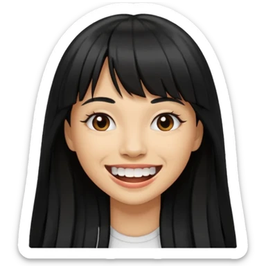 Woman a little tan with long black hairs and bangs, appearing teeth sticker
