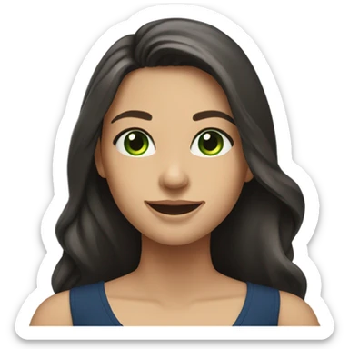 a brunette with long hair and green eyes in a dark blue blouse smiles sweetly sticker