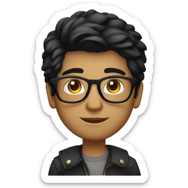 young male indian designer, black hair, aviator eyeglasses,  working on macbook sticker