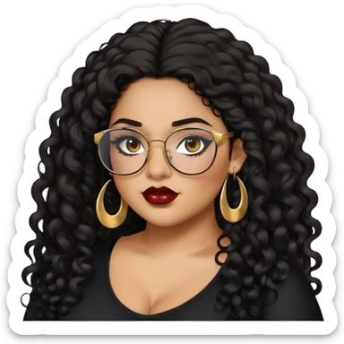 teen big plus size, latina, darker tan skin, gold earrings, long black curly hair, baddie,pretty, makeup, dark red lipgloss, black eyeliner, long hair, black top, black glasses sticker