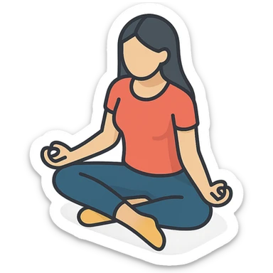 a woman with long hair sitting in lotus pose, front view, 2D isometric illustration style sticker