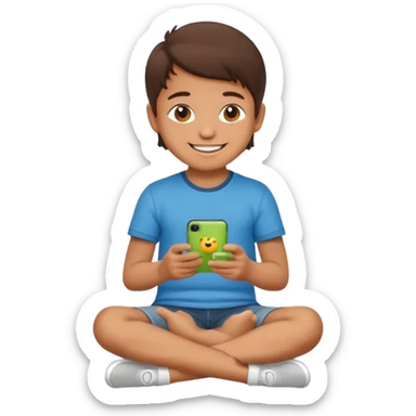 happy little kid with a phone, sitting cross-legged, apple style emoji sticker