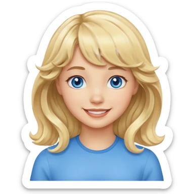 Please generate an image of a girl. She has blue eyes, blonde, wavy hair with bangs, and is smiling. sticker