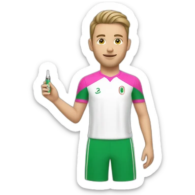A white young man wearing Algeria's pink football shirt holding an electronic cigarette sticker
