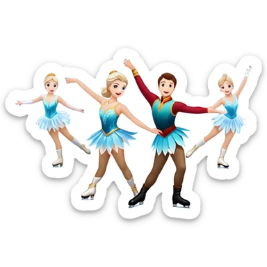 An icon of a theatrical ice show with close-up costumed figure skaters performing a dramatic scene on a glowing ice stage. Spotlights, colorful scenery, and a cheering audience in a grand arena convey the magic and artistry of the ice performance. Transparent background included. sticker