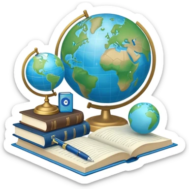 Create an emoji representing language translation. The design should feature a globe in the background, symbolizing international communication. In front of the globe, place two books or sheets of paper with texs on them and a pen nearby to indicate the act of writing. Use a clean and professional color palette with blues, greens, and neutral tones. Make the background transparent. sticker