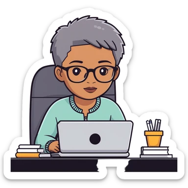Light skinned Black girl with glasses natural gray haircut working on computer sticker