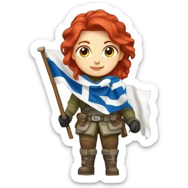 female winter mountaineer red hair holding greek flag sticker