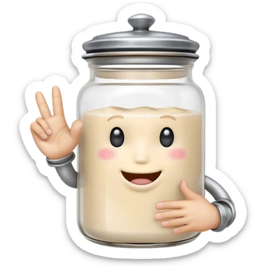 A cute anthropomorphic salt jar with transparent glass body and metal lid,with thumb and pinky extended on each hand, other fingers folded sticker