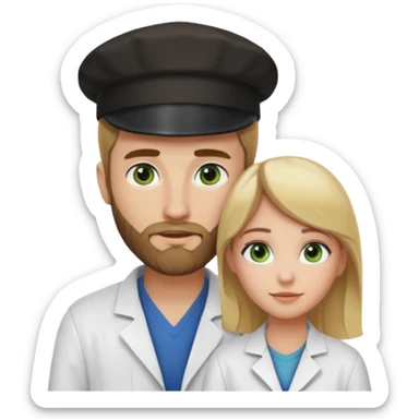 a blonde bearded guy wearing black cap, tall, fair skinned, brown eyes,  looking into the girls eyes who is short than him having green eyes and brown hair, who is in love with the guy, girl is wearing a lab coat, guy is wearing a brown jacket and blue jeans sticker