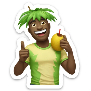 "Create a fun emoji of a green coconut with a red straw on top. The coconut is wearing a yellow t-shirt and making a 'C' gesture with one hand and a 'thumbs up' with the other. The character should appear cheerful and inviting." sticker