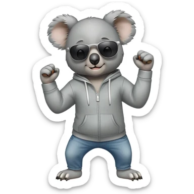 anthropomorphised koala, full body, wearing a hoodie and jeans, dark sunglasses, shaking fist sticker
