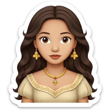 Tan Filipino woman with dark brown eyes and long dark wavy hair parted in the middle wearing a traditional filipiniana sticker