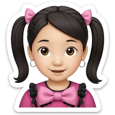 mixed toddler girl asian and american with bow pigtails, dark brown/black hair with big brown eyes emoji sticker