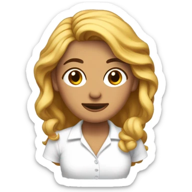 mujer trigeña con pelo cobrizo claro y corto. de cara redonda pero mandibula marcada. con camisa blanca sticker