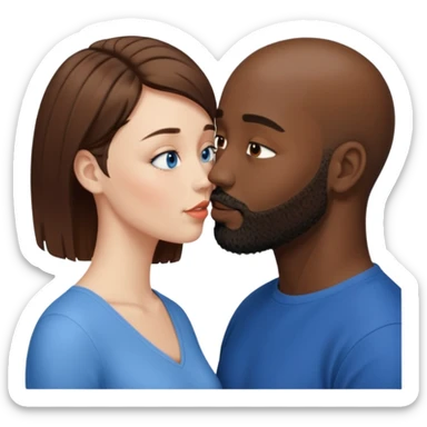 There is a white woman with short brown hair and blue eyes and a black man with no hair and a beard. The woman is giving a kiss to the forehead of the man sticker