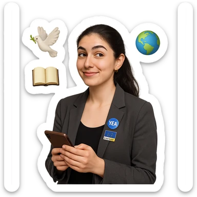 A kind, passionate young woman from Gyumri with expressive brown eyes, long dark hair tied back, wearing a smart-casual blazer with a YEA or EU4Youth badge, holding a notebook or phone. Her expression is friendly, thoughtful, and a bit playful. Around her head float subtle emoji-like symbols: a dove representing peace, a book representing education, and a globe representing international dialogue. sticker