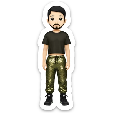 Mike Shinoda with black hair, black sequin crop top, olive sequin baggy pants sticker