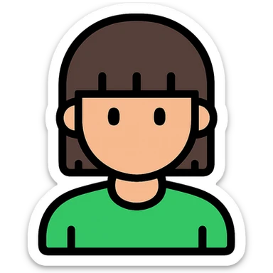 A boy with straight bangs covering his eyebrows, long hair at the back, black eyes, and brownish-black hair, wearing a green shirt the color of brilliant green antiseptic. sticker