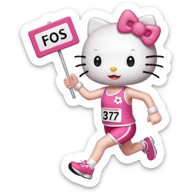 hello kitty cheering on a friend running the marathon, where she is holding a marathon sign. make sure the fae looks exactly like hello kitty - give her eyes and a nose but no mouth sticker