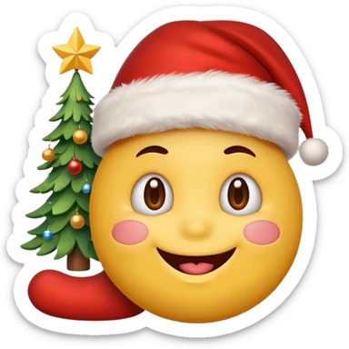 D cute yellow emoji face wearing a Santa hat, with a happy soft expression. Replace the hearts with festive Christmas elements: a Christmas tree, stocking, snowflake, and other holiday icons. sticker