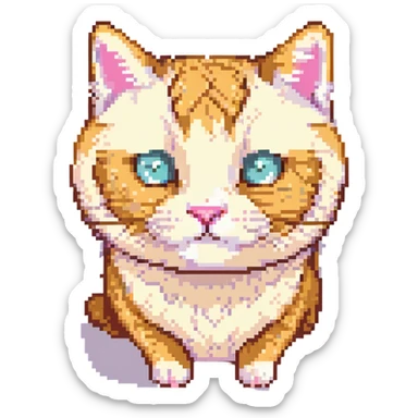 cute pixel art of a cheese tabby cat's face, orange and cream fur, large round eyes, pink nose, little smile, retro 8-bit style, front view sticker