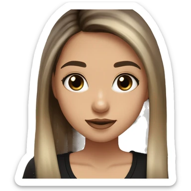Slavic girl, light skin, long eye lashes, pink beige lips, brown eyes, long black-to-blonde ombre straight hair, black T-shirt, chibi, smiling. sticker