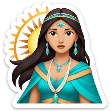 Cinematic Majestic Pocahontas Portrait Emoji, rendered in a clean, vector-style with bold shapes. Show Pocahontas with a serene, noble expression, radiant sun-kissed skin, and elegantly flowing dark hair, dressed in traditional garments with subtle turquoise accents. The design radiates a majestic, natural glow, high shine, and a soft glowing outline, capturing her regal beauty. sticker