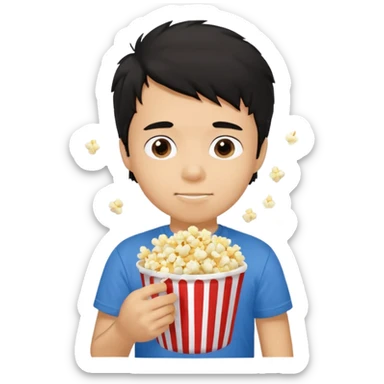 generate a pretty tan bratz boy with a blue tshirt on. eating popcorn. messy black hair sticker