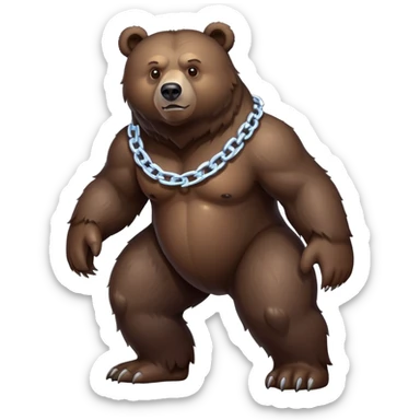 Very realistic dark brown bear standing on all four legs with intimidating gaze, wearing only a plain ice chain around its neck sticker