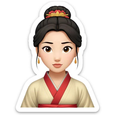 Cinematic Realistic Timeless Mulan Portrait, featuring a serene and confident Mulan with intricately detailed, natural light skin and precisely styled dark hair in a traditional bun. Her expression is calm and assured, and her simple, traditional robe is rendered with realistic textures and delicate, natural folds that catch the light beautifully. The portrait is illuminated by soft, ambient light that creates a natural, radiant finish and subtle glowing outline, perfectly capturing her enduring beauty and quiet strength in a timeless, realistic manner. sticker