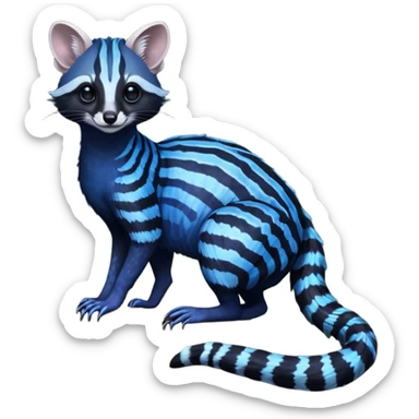 Feral Rare Fantasy iridescent scaly evil spooky vibrant dark shady shaded detailed deep-dark-cobalt-blue-gradients-colored colorful Genet-Trico-Civet-Cacomistle-Margay-species by LiLaiRa,, with white stripes with dark-blackish points, white belly, random markings, tufted tail, tufted ears, full body sticker