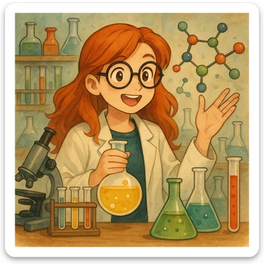 Add chemical accessories such as test tubes, flasks, a microscope, and molecules around the red-haired chemistry professor in an expressive illustration style. sticker