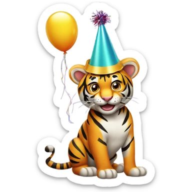 Party Tiger with a party hat and a party popper sticker