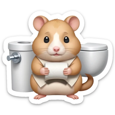 Cute chubby cartoon-style hamster holding toilet paper sitting on toilet looking as if he had an accident, sticker-style illustration sticker