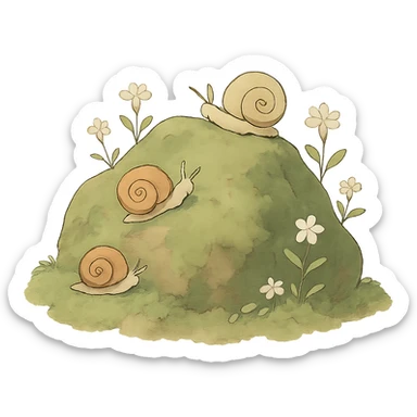 mossy rock with snails and small flowers in earthy pastel colors, ghibli style sticker